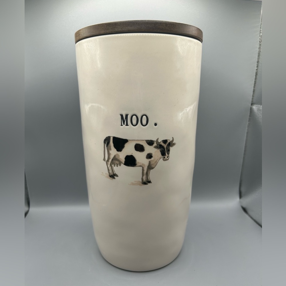Rae Dunn Farmhouse Style MOO Cow Cellar Canister With Wood Lid Farmline New